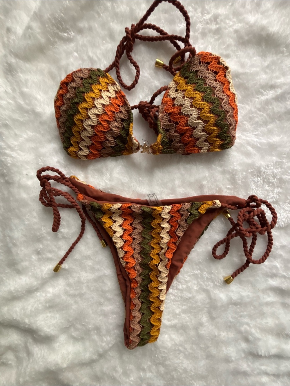 Zaful Size M Crochet Beaded Multicolor Triangle Tie-Die Side Bikini Set